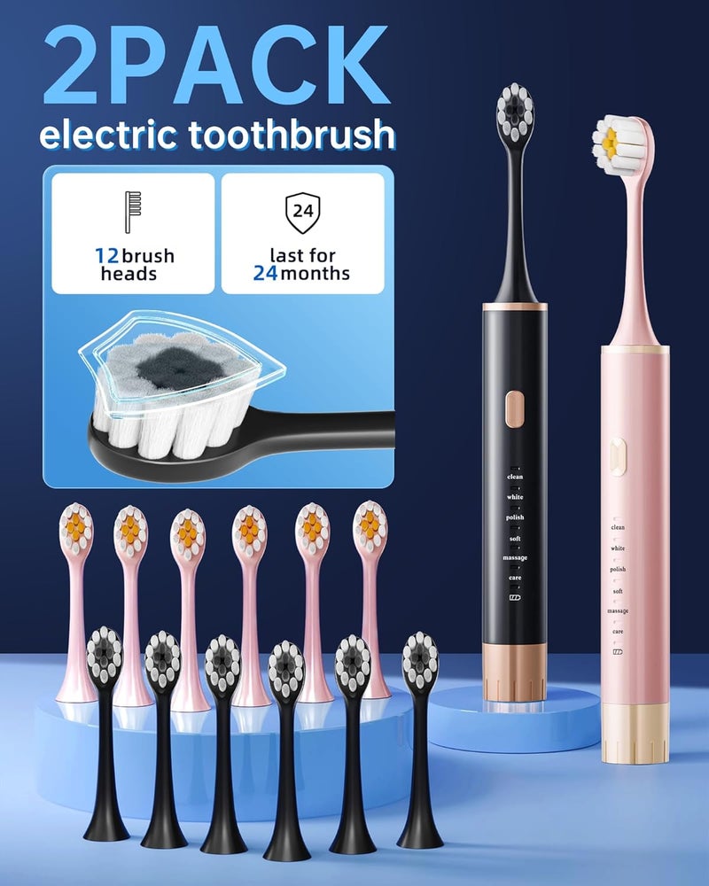 Aneebart Black & Pink Electric Toothbrush for Adults, 2 Pack Toothbrush，USB Rechargeable Sonic Toothbrush with 12 Brush Heads, Smart Timer, 6 Modes, 2-Hour Fast Charge Last 30 Days - Image 2
